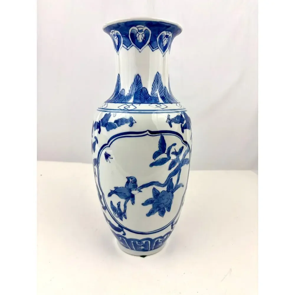 Blue & White Chinese Porcelain Vase with Floral & Bird‎ Design 11.75